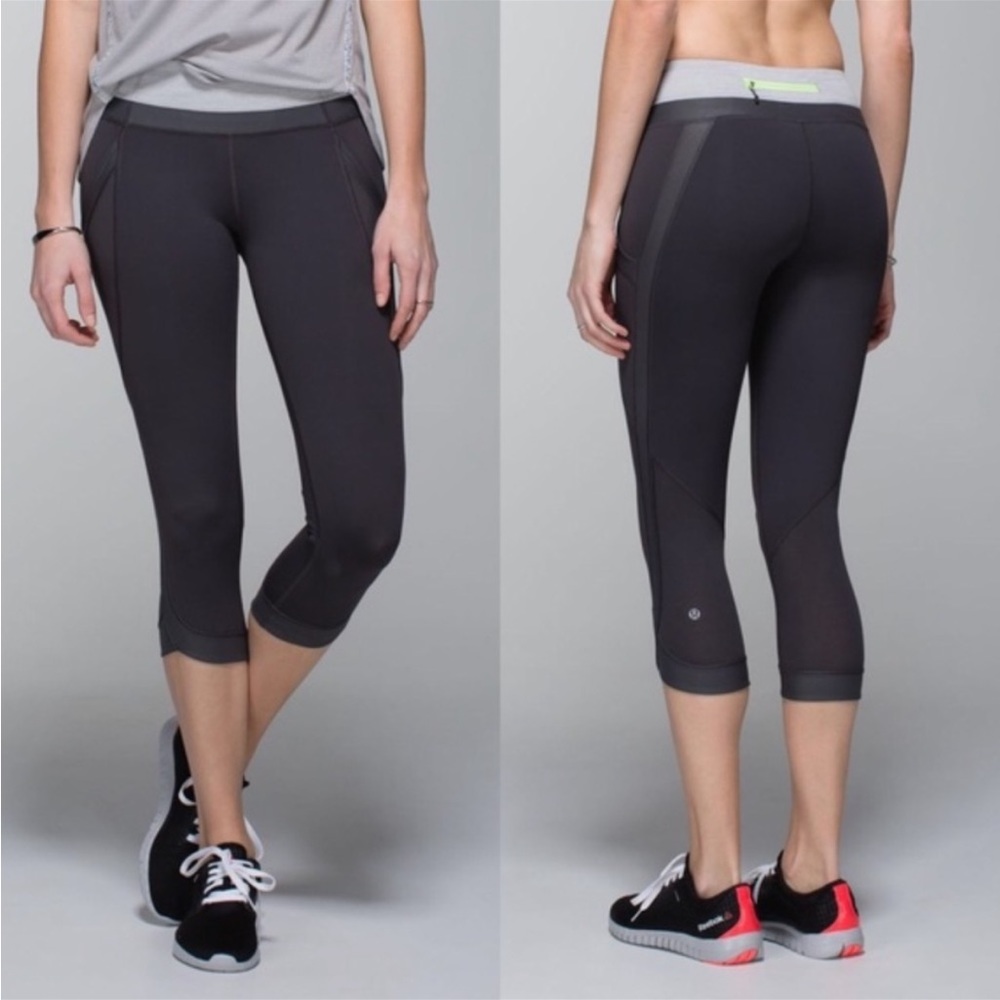 lululemon run : chase me crop II pockets slate gray size 10 mid rise back zip